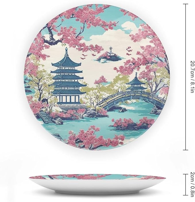 Chinoiserie Pagoda White Coral Blue Asian Plates Ceramic of 6", 7", 9", 10", Custom Ceramic Salad Plates, Home Art Decoration Decorations Wedding, Unique Art with Stand