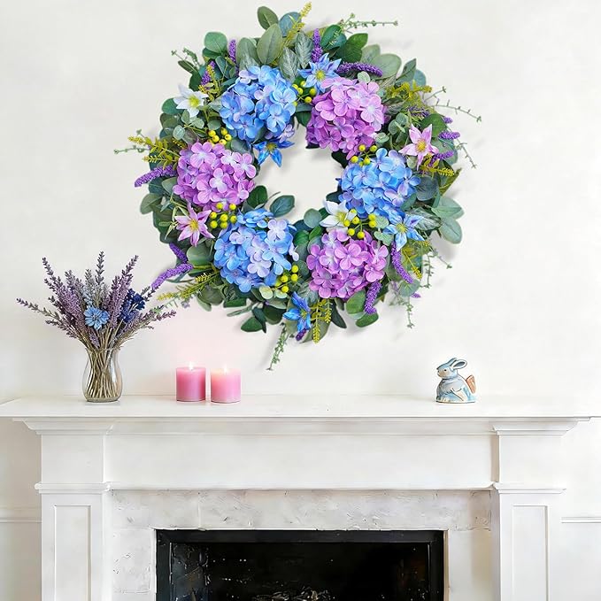 24 Inch Spring Summer Wreaths for Front Door - Blue & Purple Hydrangea Spring Door Wreath, Monet-Inspired Floral Decor with Hydrangea and Clematis for French Country, Spring and Summer, Indoor Outdoor