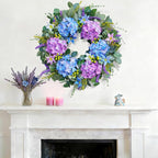 24 Inch Spring Summer Wreaths for Front Door - Blue & Purple Hydrangea Spring Door Wreath, Monet-Inspired Floral Decor with Hydrangea and Clematis for French Country, Spring and Summer, Indoor Outdoor