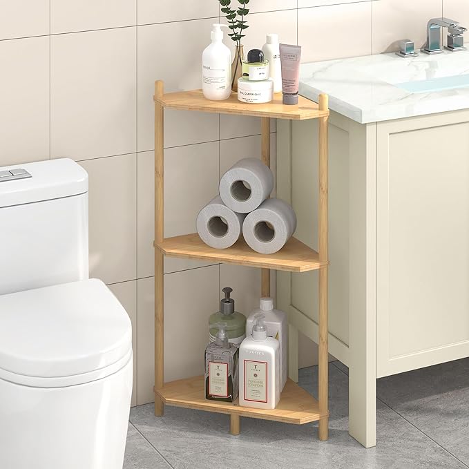 Wisuce Corner Shelf Stand - 3 Tier Bamboo Small Corner Bookshelf for Office Kitchen Bedroom Plant Stand Living Room Decor Small Space (Nature)