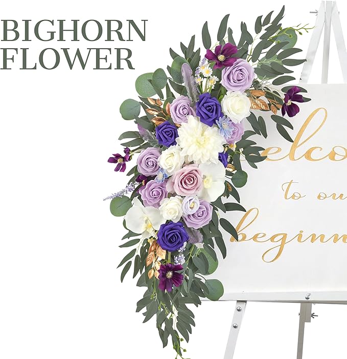 Ting's time Wedding Arch Flowers Pack of 2 Artificial Silk Large Flower Swag Purple Welcome Sign Floral Swag Reception Backdrop Floral Decor for Wedding Party Ceremony (Lilac & White)