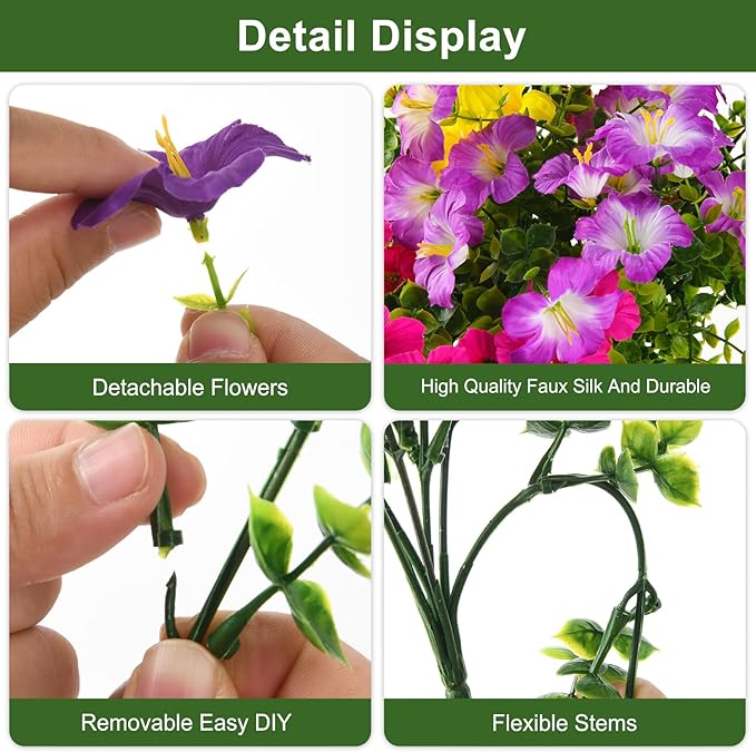 Artificial Fake Petunias Flowers for Outdoors Spring Decoration, 12 Bundles Faux Flower Plants UV Resistant Realistic Silk Flower for Outside Planters Patio Porch Yard Window Box (6 Mix Colors)