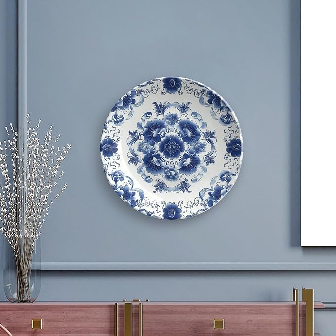 Blue Ceramic Decorative Plate, Blue and White Pottery Decorative Dish with Stand, Chinese Style Bone China Decorative Plates Art Porcelain Plate for Living Room Hallway Table Decor