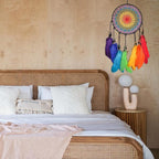 Dream Catcher Wall Decor Kit with Feathers and Beads Pendant, Handwoven for Bedroom Living Room Decoration (Rainbow)