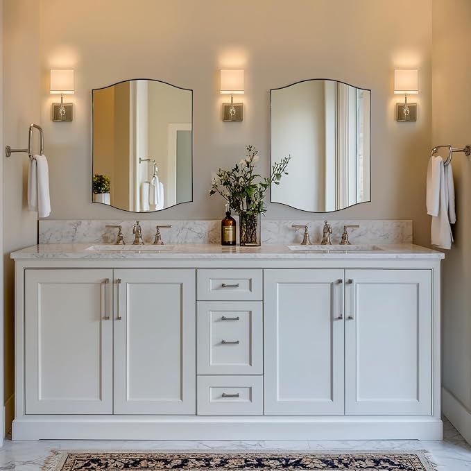 ANDY STAR Scalloped Bathroom Mirror，24"x32" Brushed Nickel Rectangle Wall Mirror with Curved Edge Stainless Steel Metal Frame, Silver Vanity Wall-Mounted Mirror for Bathroom, Entryway