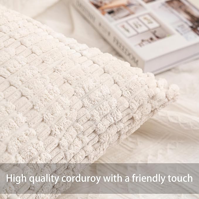 Aegero Pack of 2 Corduroy Decorative Throw Pillow Covers 12x20 InchSoft Boho Striped Pillow Covers Modern Farmhouse Home Decor for Sofa Living Room Couch Bed（Cream White）
