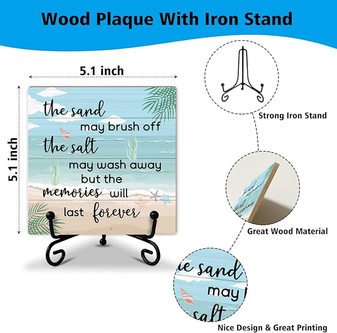 Beach Wooden Sign Desk Decor Wood Plaque with Support Stand, Coastal Decor Beach Summer Decorations for Home Office Porch Beachy Room Shelf Desk Accessories, Summer Vacation Gifts for Women -13