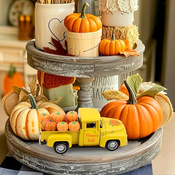 Fall Tiered Tray Decor Pumpkin Metal Truck with 8 PCS Plastic Pumpkin Fall Centerpieces for Thanksgiving Tables Home Kitchen Mantel Shelf Bookshelf Coffee Mini Truck Decorations