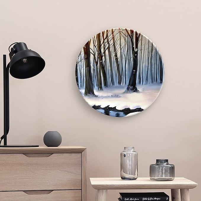 Decorative Plates, Winter Forest in Snow Painting Orange Display Plate for Home Office Kitchen Table Decor Porcelain Plates 10 Inch, Birthday Gifts