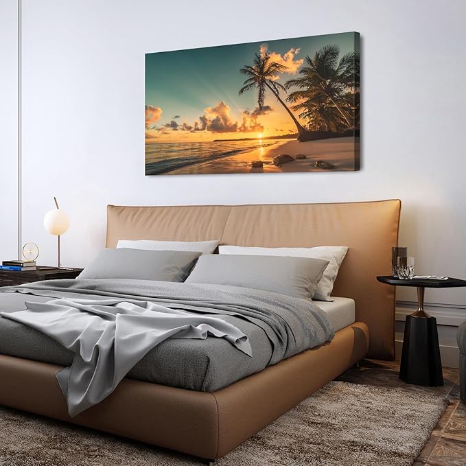 Beach Wall Art Palm Tree Pictures Sunset Coastal Landscape Bathroom Wall Decor Tropical Ocean Canvas Prints Nature Seascape Painting Artwork for Living Room Bedroom Office Home Decoration 24x48"