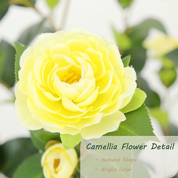 Bellacat 4ft Artificial Camellia Tree with Silk Yellow Flowers, 48in Faux Camellia Plant with Lifelike Trunk, Fake Flower Tree Potted Front Door Plants for Porch Patio Deck Living Room Decor, 2Pack