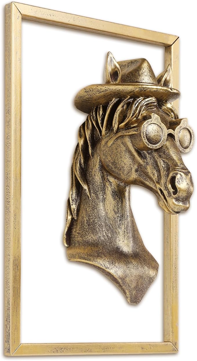 Newinhome Animal Heads Wall Decor (Includes Metal Frame) Resin Animals Sculptures Head Wall Hanging Decoration Gold vintage Wall Sculpture for Living Room Bedroom Office(Horse)