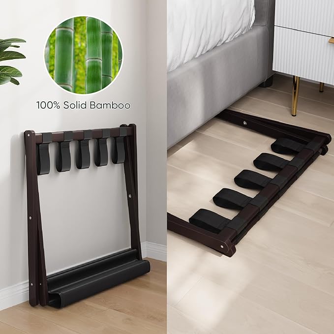 Luggage Rack, Folding Luggage Rack for Guest Room, Brown Bamboo Suitcase Stand Holds up to 131 lb, Luggage Stand with Storage Shelf for Hotel, Bedroom (1 Pack)