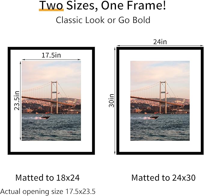 24x30 Picture Frame 3 Pack - Black Poster Frame Display Pictures 18x24 with Mat or 24 x 30 Without Mat for Wall Hanging Horizontal and Vertical