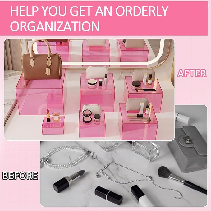 Geelin 6 Pack Acrylic Risers for Display Acrylic Cube Boxes Risers Display Stands with Hollow Bottoms Decorative Stand for Jewelry Candy Table Decor 6 Sizes(Pink,3 to 8 Inch,Square)
