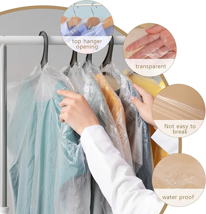 30 Pack Clear Dress Covers for Hanging Plastic Garment Bags 23.6 x 51.2 Inch Transparent Dry Cleaning Bags Dust-proof Garment Covers for Dry Cleaner, Home Storage, Travel