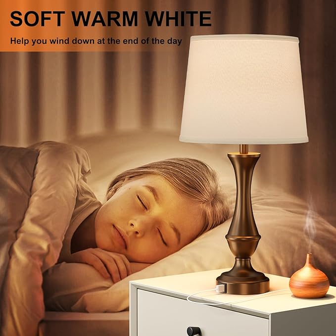 Seealle Upgraded Touch Lamps for Night Stands Set of 2 - Bedside Lamps with USB C+A, 3 Way Dimmable for Bedroom Living Room End Tables Office (White&Brown)