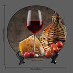 WineDecorative Ceramic Plates, 10 Inch, Cheese Grapes and Wineort Round Display Plate, Hanging Decorative Plate with Display Stand, for Kitchen Living Room Office Countertop Decor