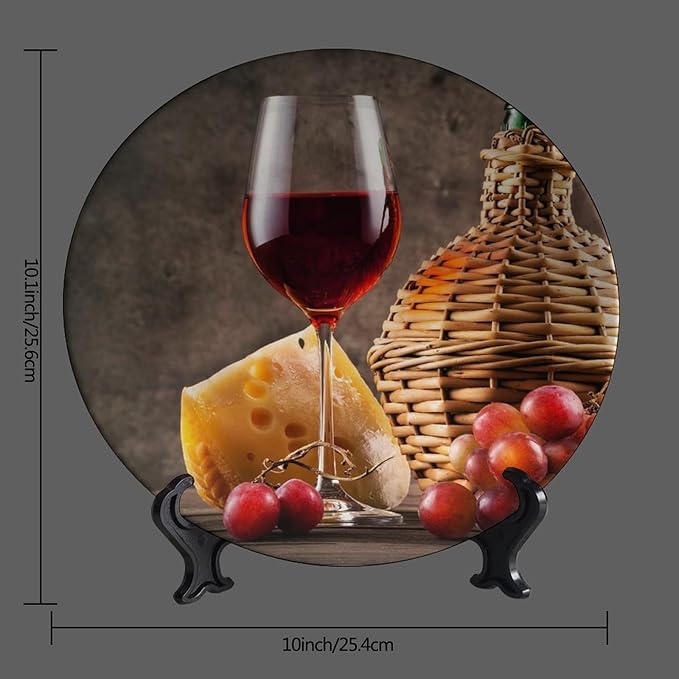 WineDecorative Ceramic Plates, 10 Inch, Cheese Grapes and Wineort Round Display Plate, Hanging Decorative Plate with Display Stand, for Kitchen Living Room Office Countertop Decor
