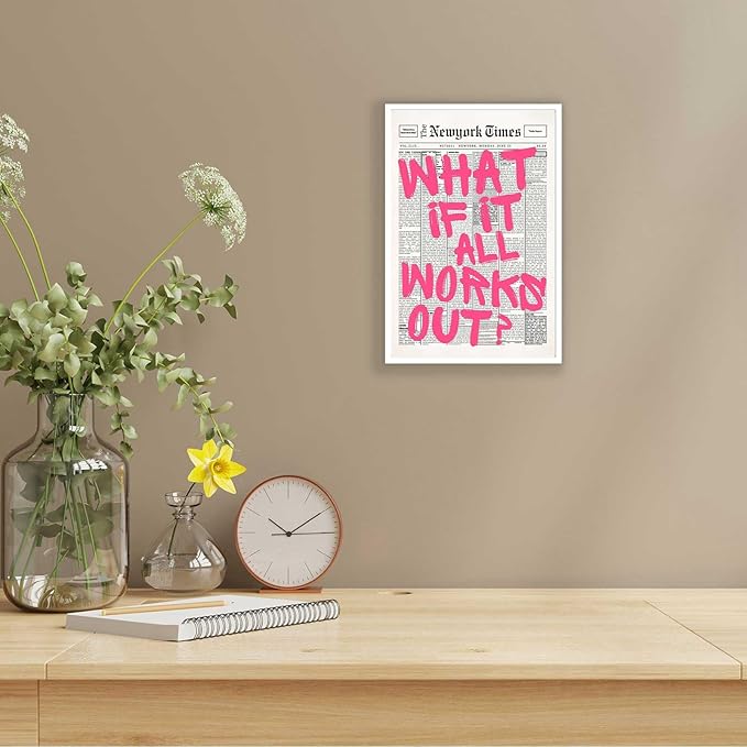 Drimiler Retro Newspaper Pink Font Poster What If It All Works Out Canvas Wall Art Positive Affirming Quote Minimalist Prints Painting For Home Bedroom Dorm Wall Decor 16x24in Unframed