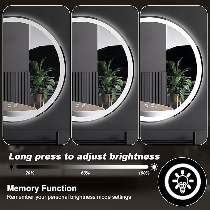 DUMOS 24 Inch Round LED Bathroom Mirror with Lights, Circle Vanity Mirror with Anti-Fog, Dimmable, 3-Color Light, Front Light and Backlit, Memory Function, Tempered Glass