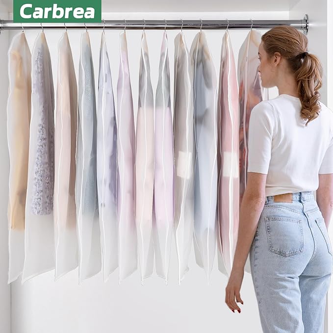 12 Pack Garment Bags for Hanging Clothes - Translucent Dress Bag for Closet Wardrobe Storage Travel - 24" x 49"