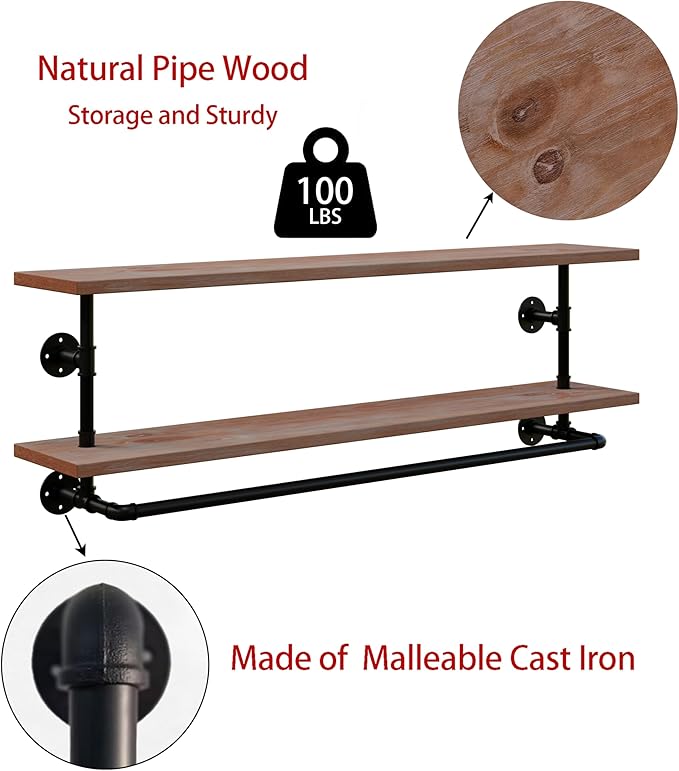 Clothes Rack 55in, 2-Tier Wall Mounted Garment Rack with Real Wood Shelf, Heavy Duty Hanging Clothes Rack, Multi-Purpose Hanging Rod, Space-Saving Closet Storage