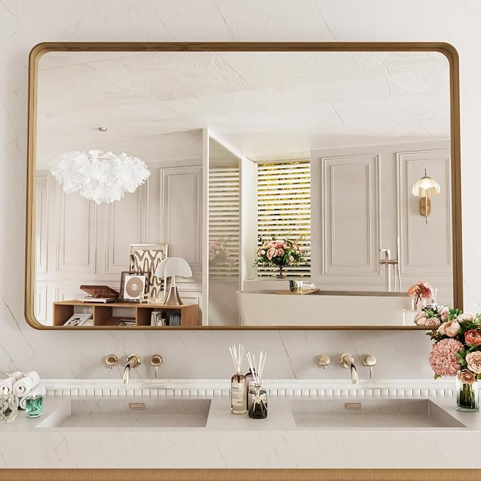 LOAAO 55X36 Inch Bathroom Mirror with Wood Grain Colored Metal Frame, Rounded Rectangle Metal Framed Bathroom Mirror, Anti-Rust, Hangs Horizontally or Vertically, Tempered Glass