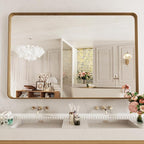 LOAAO 55X36 Inch Bathroom Mirror with Wood Grain Colored Metal Frame, Rounded Rectangle Metal Framed Bathroom Mirror, Anti-Rust, Hangs Horizontally or Vertically, Tempered Glass