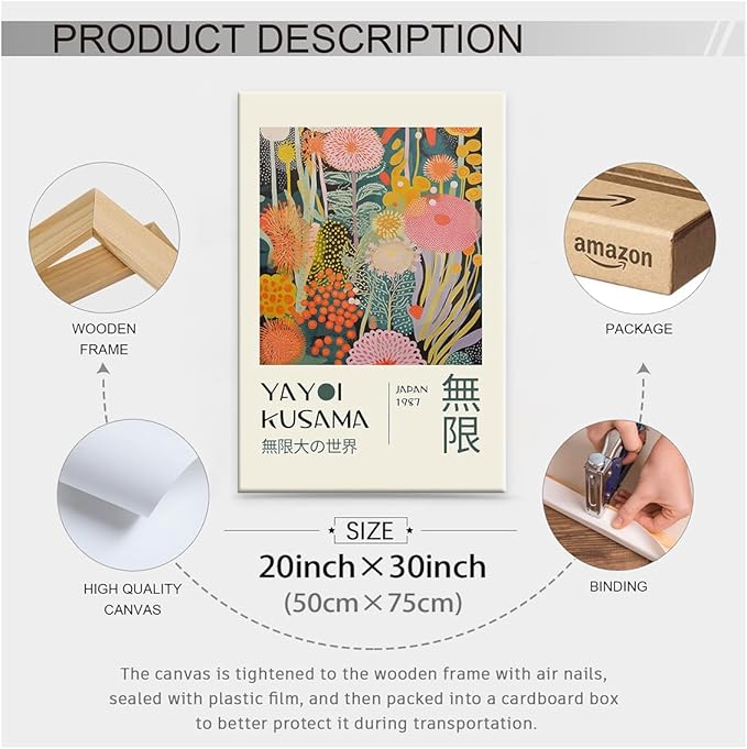 Abstract Yayoi Kusama Posters Japanese Wall Art Vintage Tokyo Aesthetic Prints Yayoi Kusama Inspired Japanese Gallery Wall Art for Stylish Room Bedroom Living Room Decor 20x30in Framed