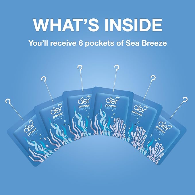 Godrej Aer Power Pocket Sea Breeze Bathroom Fragrance 10 g, 6-Pack, Blue