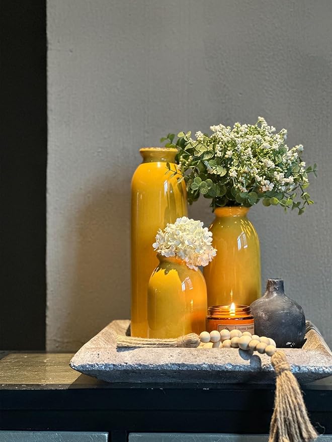 CWLWGO-Ceramic Yellow Vase Set of 3, Decorative Vases for Modern Farmhouse Decoration, Living Room Accents & Dining Table Centerpieces, Idea Bookshelf Mantel and Entrance Decor.