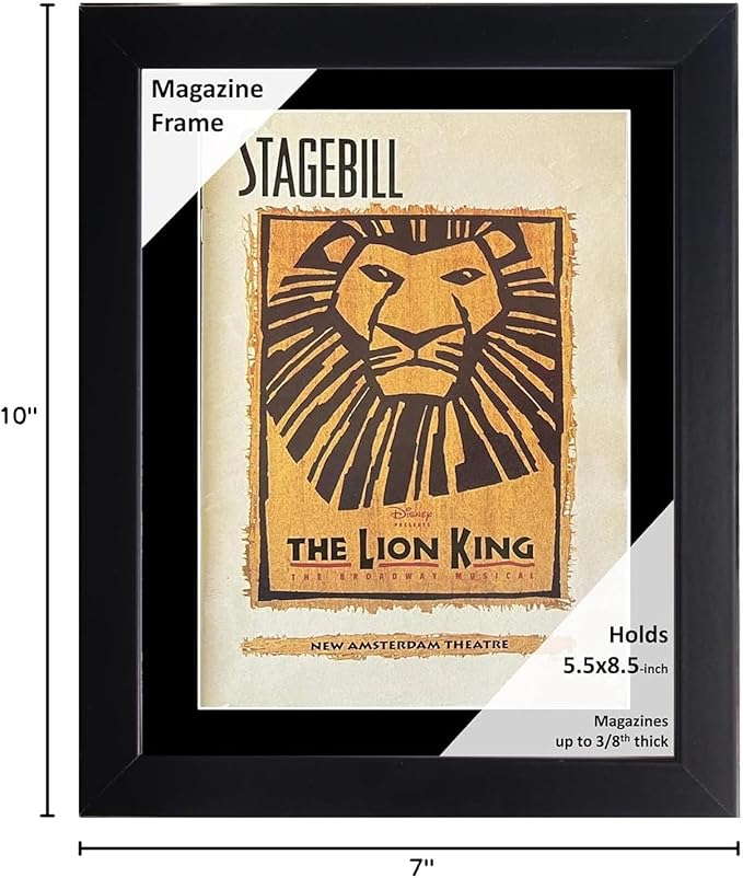 Creative Picture Frames 5.5 x 8.5 Magazine Theatre Show Frame with Full-Strength Glass, Holds Up To A 1/4" Thick Media with Installed Hangers for Easy Mounting, 8x10 Black Frame with Black Mat