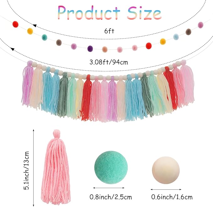 Avxdbr 2Pcs Boho Rainbow Tassel Garland Pom Pom Tassel Banner Colorful Wall Hanging Party Decorative Boho Classroom Decor for Back to School Wedding Birthday Baby Shower