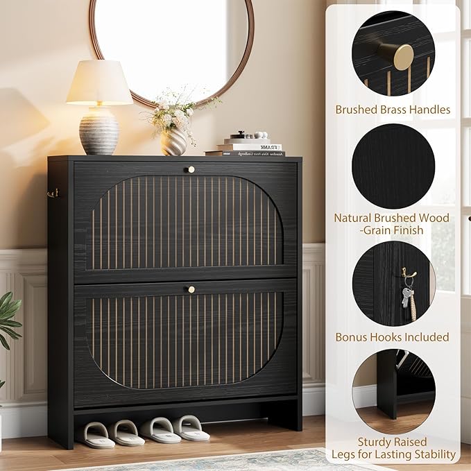 Nicetree Arch-Chic Shoe Cabinet for Entryway, Modern Mid-Century Shoe Storage Cabinet with Fluted, Narrow Shoe Rack with Adjustable Shelves & Tipping Protection, Fits Size 12 Shoes,Black
