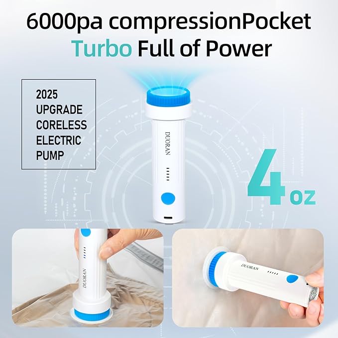 Cordless Electric Vacuum Pump for Vacuum Storage Bags Travel Air Pump, Portable USB Rechargeable Seal & Compression Bag Pump for Clothes, Blankets & Bedding (Storage Bags Not Included)