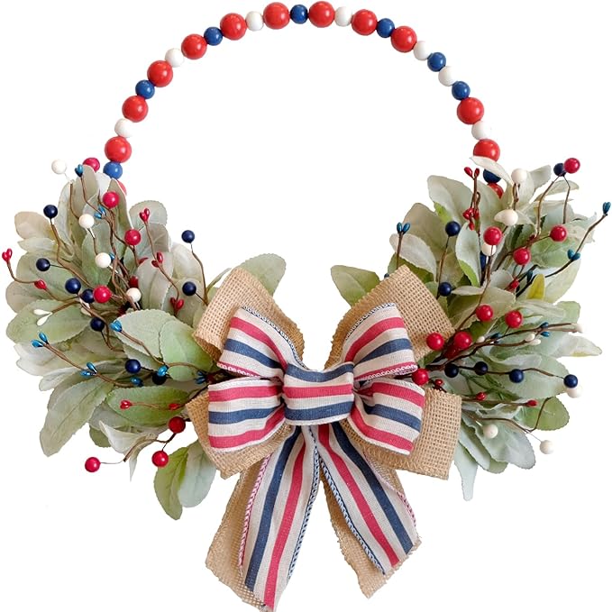 TEMPUS 4th of July Independence Day Wreath Red, White and Blue Wooden Bead Berries Wreath Lambs Leaves Ring Wreath 16 inch Patriotic Decorations for Front Door，Memorial Day Flag Day Veterans Day