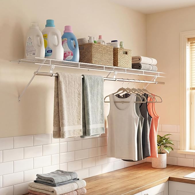 COSTWAY Closet Shelves Wall Mounted, Closet Shelf with Hanging Rod, Ventilated Metal Wire Shelving Kit, Wire Wall Shelf for Laundry Room, Bedroom, Home, Mounting Accessories Included (6 ft x 12 in)