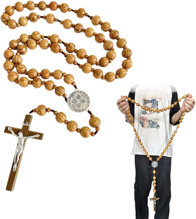 Bovemee Handmade Wooden Wall Cross with San Benito Medal, 42 Inch Large Crucifix, Big Brown Wood Rosary Beads Catholic Wall Decor Catholic Gifts