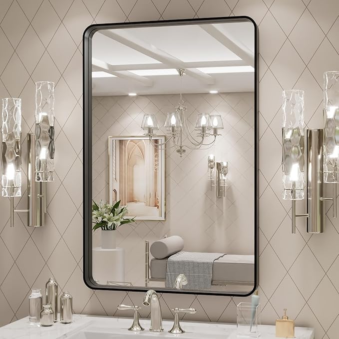LOAAO 24X30 Inch Black Metal Framed Bathroom Mirror for Wall, Matte Black Bathroom Vanity Mirror Farmhouse, Large Rounded Rectangle Mirror, Anti-Rust, Hangs Horizontally or Vertically