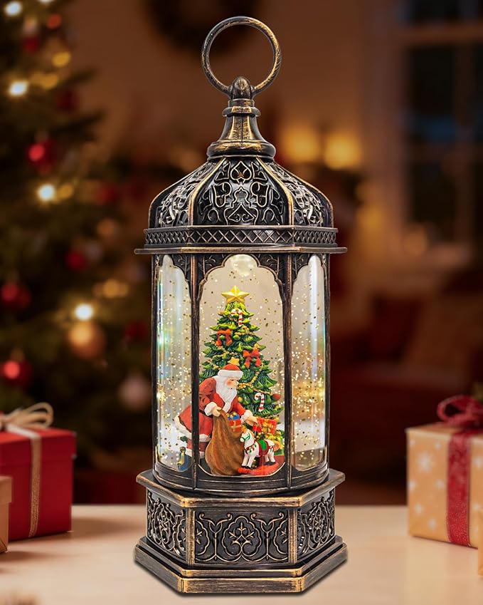 Large Musical Santa Christmas Tree Snow Globe - Lighted Christmas Snow Globes with Swirling Glitter, LED Lights, 8 Holiday Songs, 6-Hour Timer, USB or Battery Powered, Xmas Holiday Decoration Gift