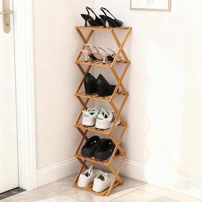 Bamboo Shoe Rack 6 Tier Foldable Shoe Rack Narrow Vertical Shoe Organizer Free Standing Shelf, Multifunctional Slim Storage for Entryway, Corner, Bedroom, Hallway, Wood Color