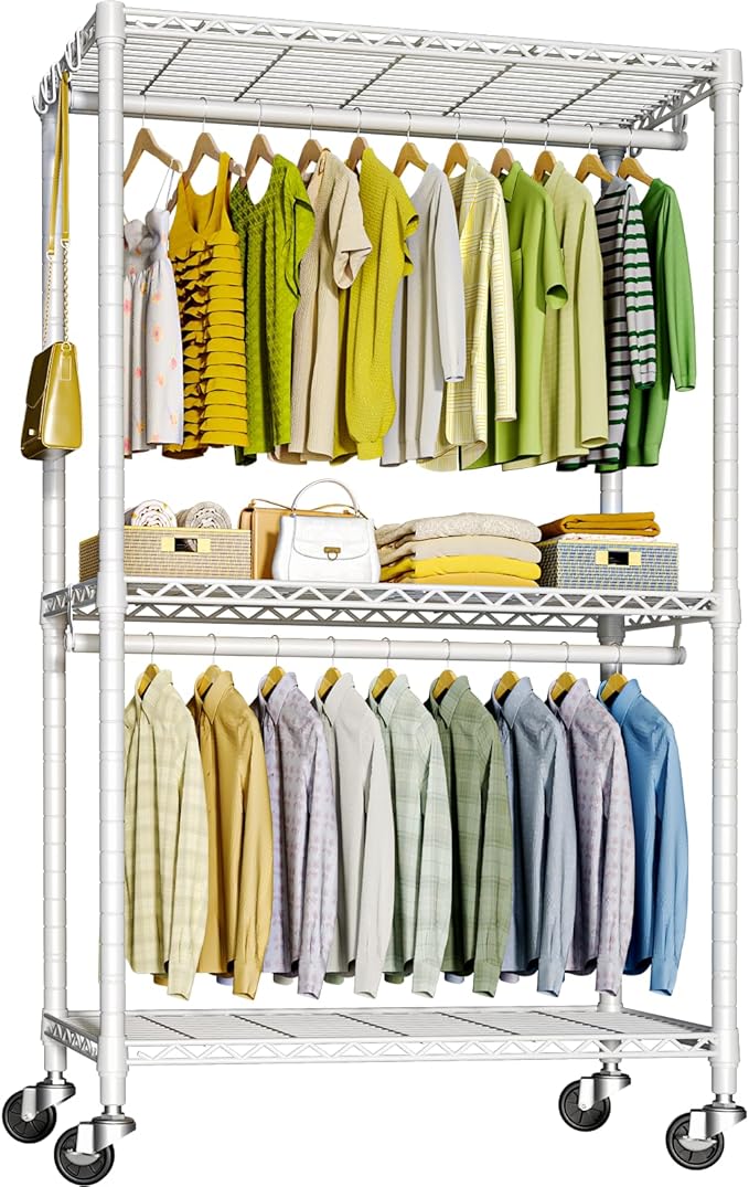 FUTASSI P3 Rolling Clothes Rack, Clothing Racks for Hanging Clothes, Heavy Duty Garment Rack with Wheels, Freestanding Portable Closet Organizer 39.4''W x 14''D x 78.5''H, Max Load 464 LBS, White