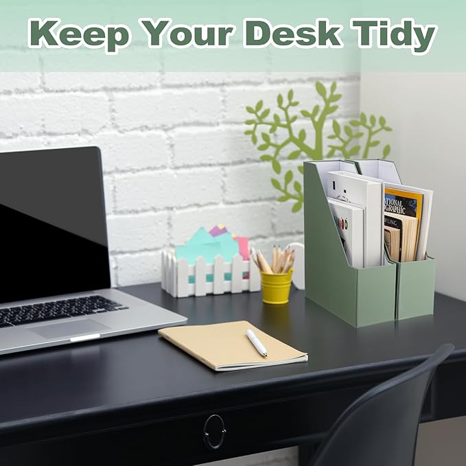 Feifeiya Magazine File Holder Set of 6 Stylish Sturdy Cardboard File Boxes Desk Organizer Beautiful Magazine Holder Rack with Gold Label Holder for Home Office Desktop Bookshelf Classroom(Sage Green)