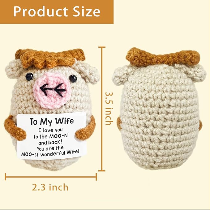 Positive Crochet Cow, Cute Positive Crochet Animal Decoration, Emotional Support Gift for Wife Women Men Coworker Friends Family
