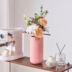 Pink Ceramic Flower Vase for Pampas Grass, 10 inch Large Decorative Centerpiece Ribbed Vase for Dining Table, Office Desktop, Shelf Bookshelf, Mantel, Entryway, Bathroom, Countertop, Farmhouse, Gift
