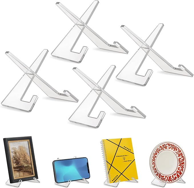 Americanflat Acrylic Easel Stand - 4" Tabletop Easel and Plate Stand - Set of 4 - Lightweight Display Holders for Photos, Cards, Frames, Books, Magazines, Albums - Home or Office Decor