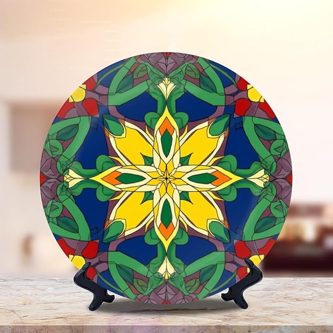 Decorative Plates for Display 8" Colorful Stained Glass Floral Mandala Ceramic Ornament with Display Stand and Hook Up for Wall Decor Hanging Festival Wedding Gift