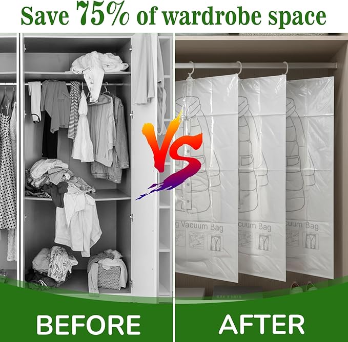 6 Pack Clear Hanging Vacuum Storage Bag, 51.2 x 27.6 inch Hanging Vacuum Sealer Storage Space Saver Bags, Reusable Space Saver Bags, for Suits Dress Jackets