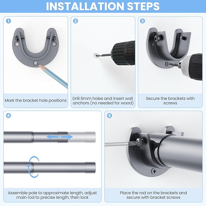 Closet Rods for Hanging Clothes, 17 to 84 Inches No-Cut Stepless Adjustable Closet Rod, 1.3 Inches Expandable Metal Heavy Duty Closet Hanging Rod for Closet Wardrobe Bathroom Laundry RV, Silver
